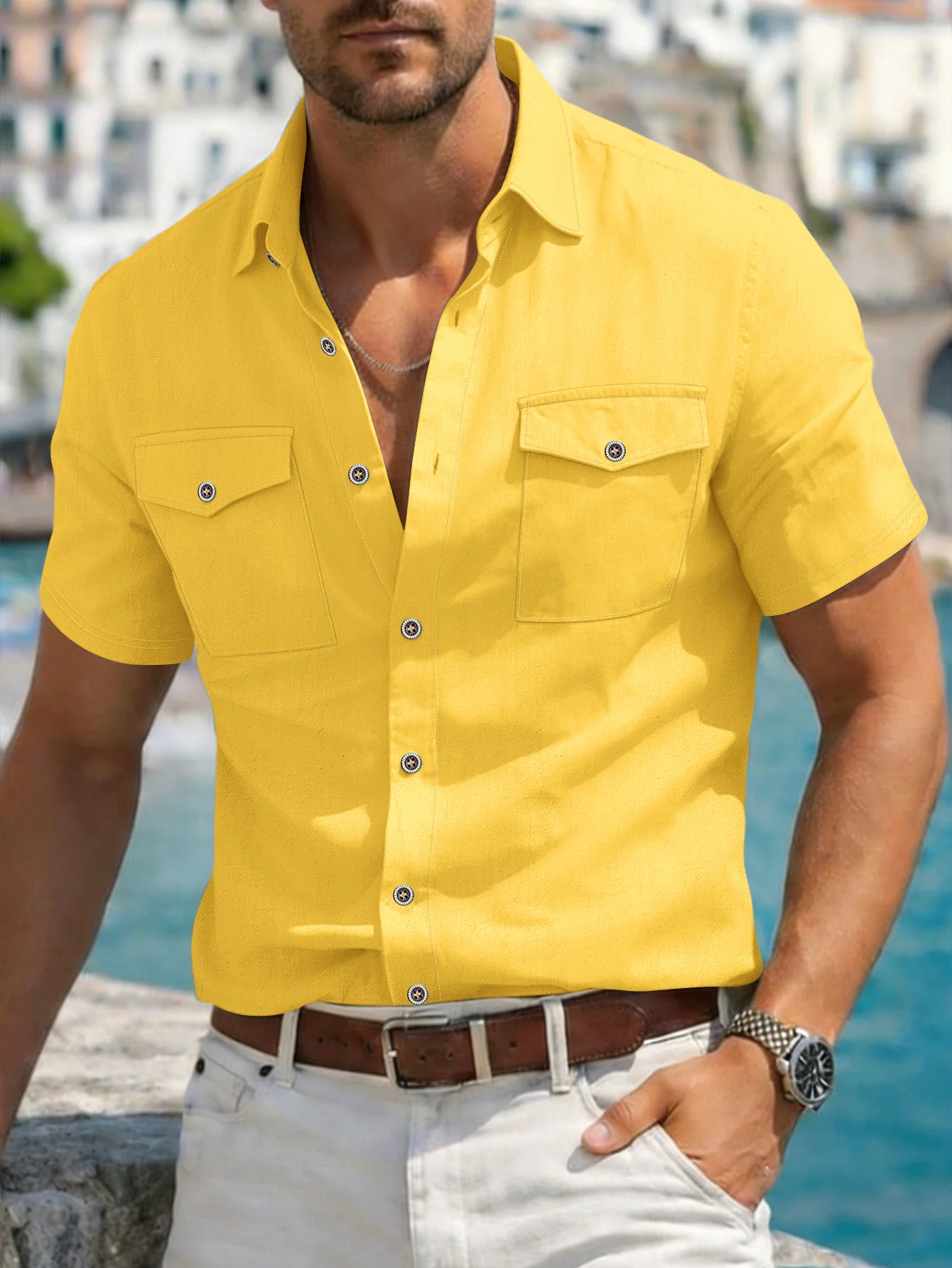 

Summer New Men's Short Sleeved Shirt Casual Linen Fashion High Street Double Pocket Shirt Men's European Size Tops