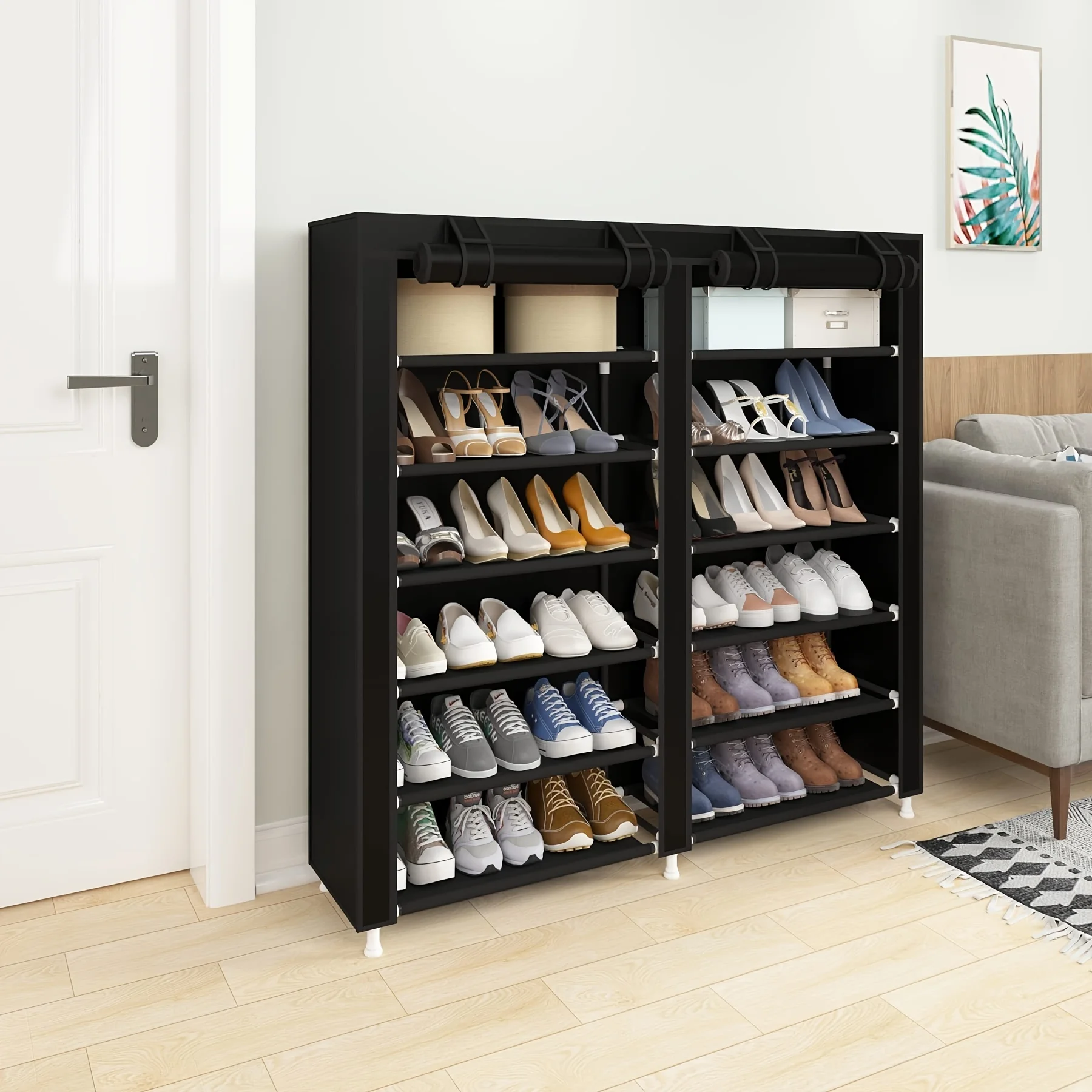 12-Tier Canvas Shoe Rack, Shoe Cabinet, Freestanding Shoe Storage Rack, Suitable for Living Room and Hallway, Can Hold 36 Pairs of Shoes, with Dust Cover, 1 Piece