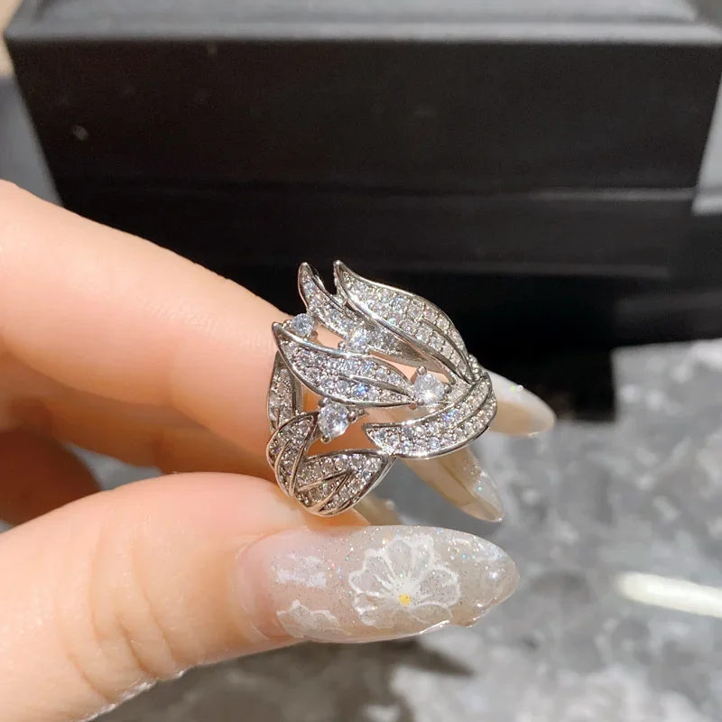 Small Fresh Style Leaf Shape Women S925 Silver Finger Rings Shiny Zircon Luxury Bridal Wedding Party Band Ring Fine Jewelry Gift