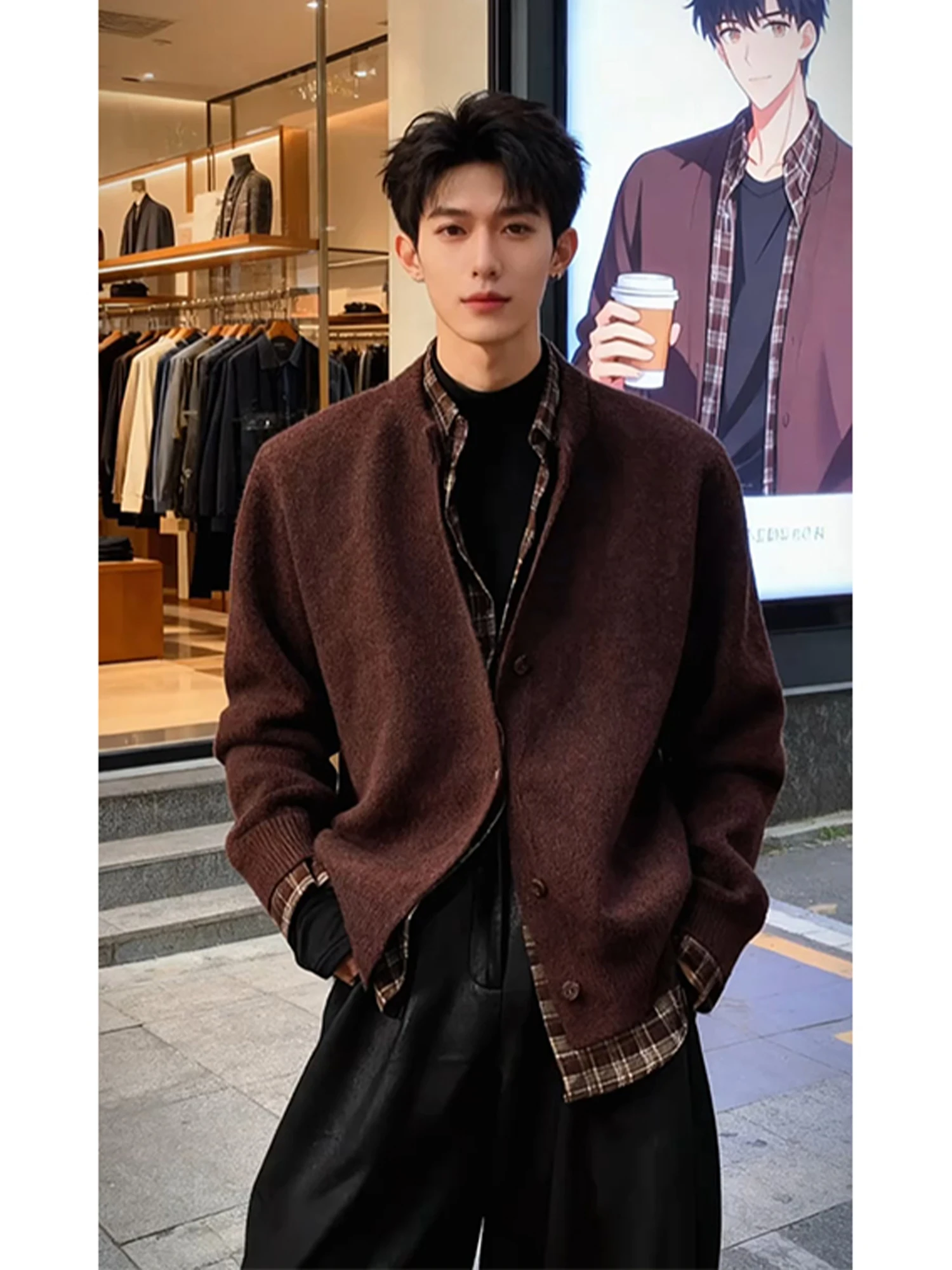 

Мужской вязаный свитер в карамельную клетку с контрастными вставками, осенне-зимний, свободный кардиган-накидка, повседневная верхняя одежда, свободный крой, средней толщины