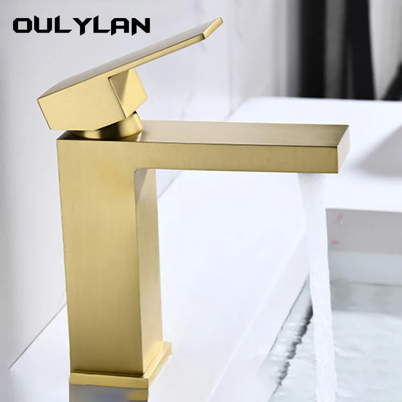 

Stainless Steel Gold Square Faucet Table Basin Bathroom Washbasin Hot Cold Mixer Tap Single Hole Faucet