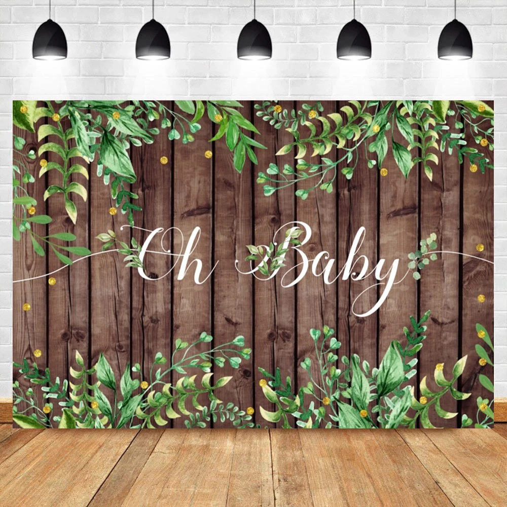 Oh Baby Wood Board Background Green Leaves Boy Girl Newborn Baby Shower Baptism Party Lighting Decor Custom Photography Backdrop