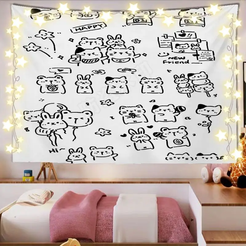 VIKAMA Kittens Sketch Doodle Art Horizontal Tapestry Wall Hanging for Home Aesthetic Cozy Chic Elegant Modern Home Decor