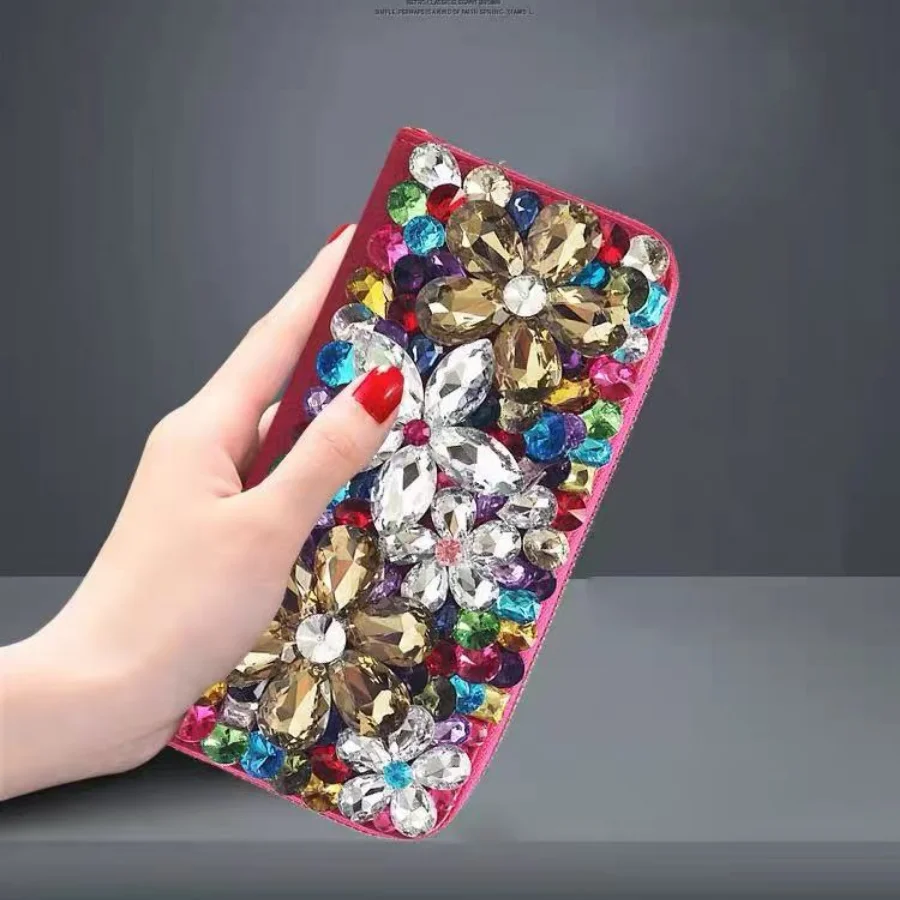 Multifunctional Women Wallet Genuine Cowhide Handbag Credit ID Card Holder Coin Pocket Crystal Rhinestones Diamond Clutch Purse