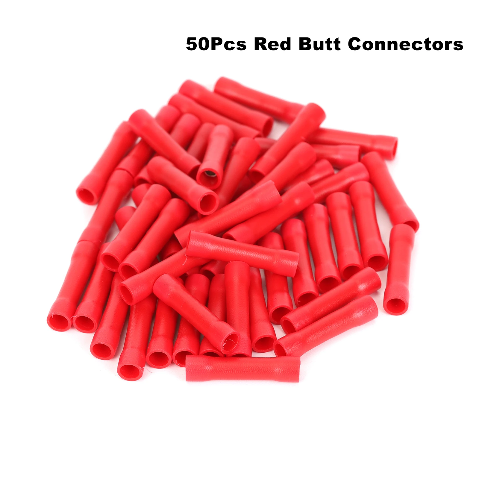 

50Pcs/Lot Red 19A AWG 22-16 Crimp Copper Tube Butt Connector, Insulated PVC Terminals for Wire Cable, Car, Family,Electrical