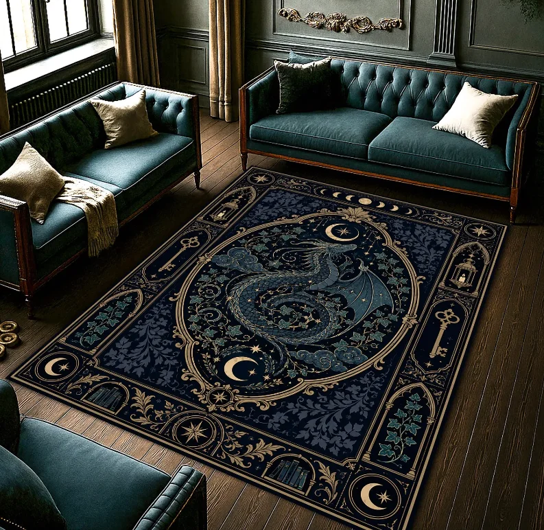 Mondbeleuchteter Drachen-Fantasie-Teppich, Himmlischer Gotischer Teppich, Mitternachtsblauer Drachen-Dekorteppich, Mystische Sternenhimmel-Kunstwerk Heimdekoration