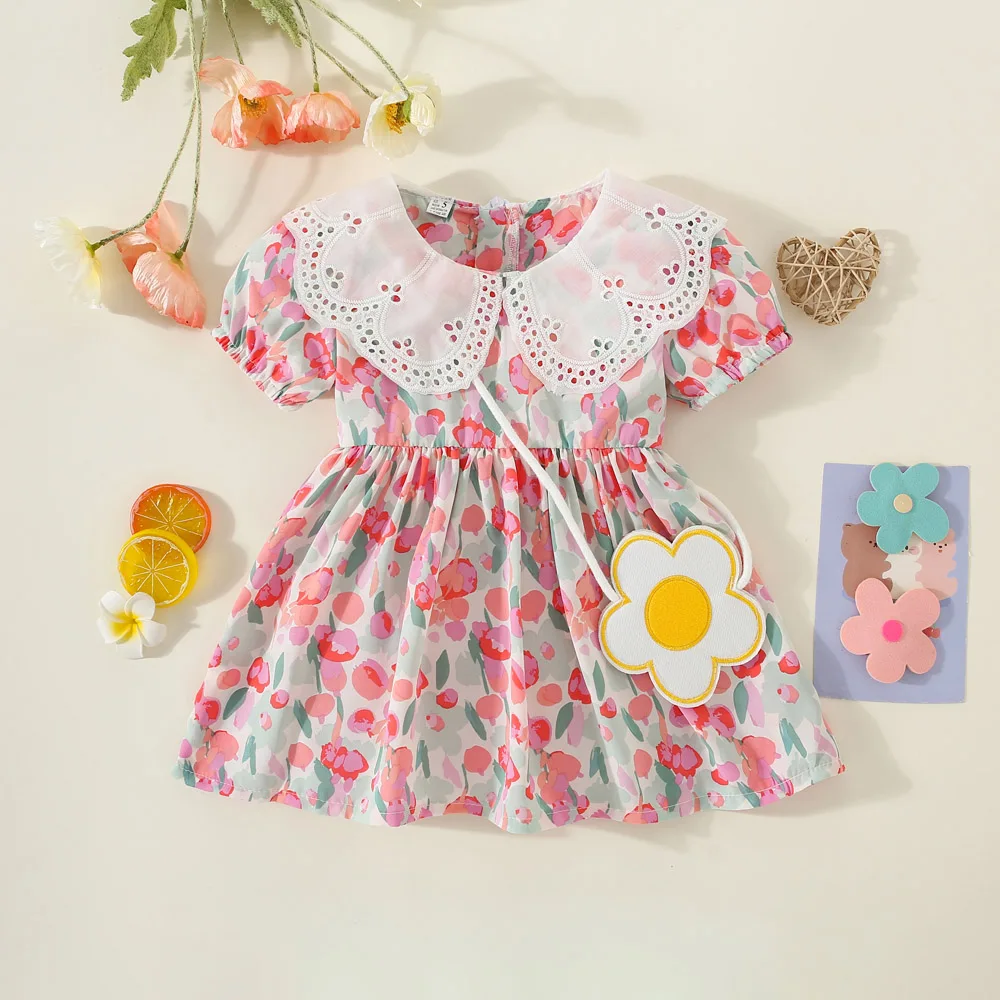 Baby Girl Dress Summer Cotton Full Print Collar Bubble Sleeves Girls Dresses Cartoon Cute Beach Baby Girl Clothing