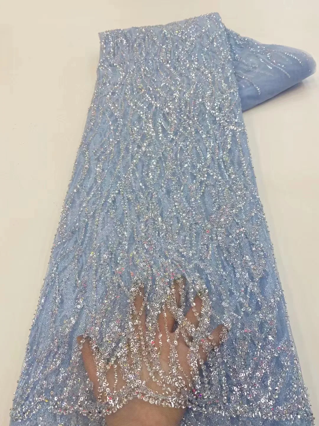 

New Arrival Elegant 2023 Sky Blue Best Quality Embroidery Heavior Hand Lots Beads Lace Fabric For Wedding Party Dress