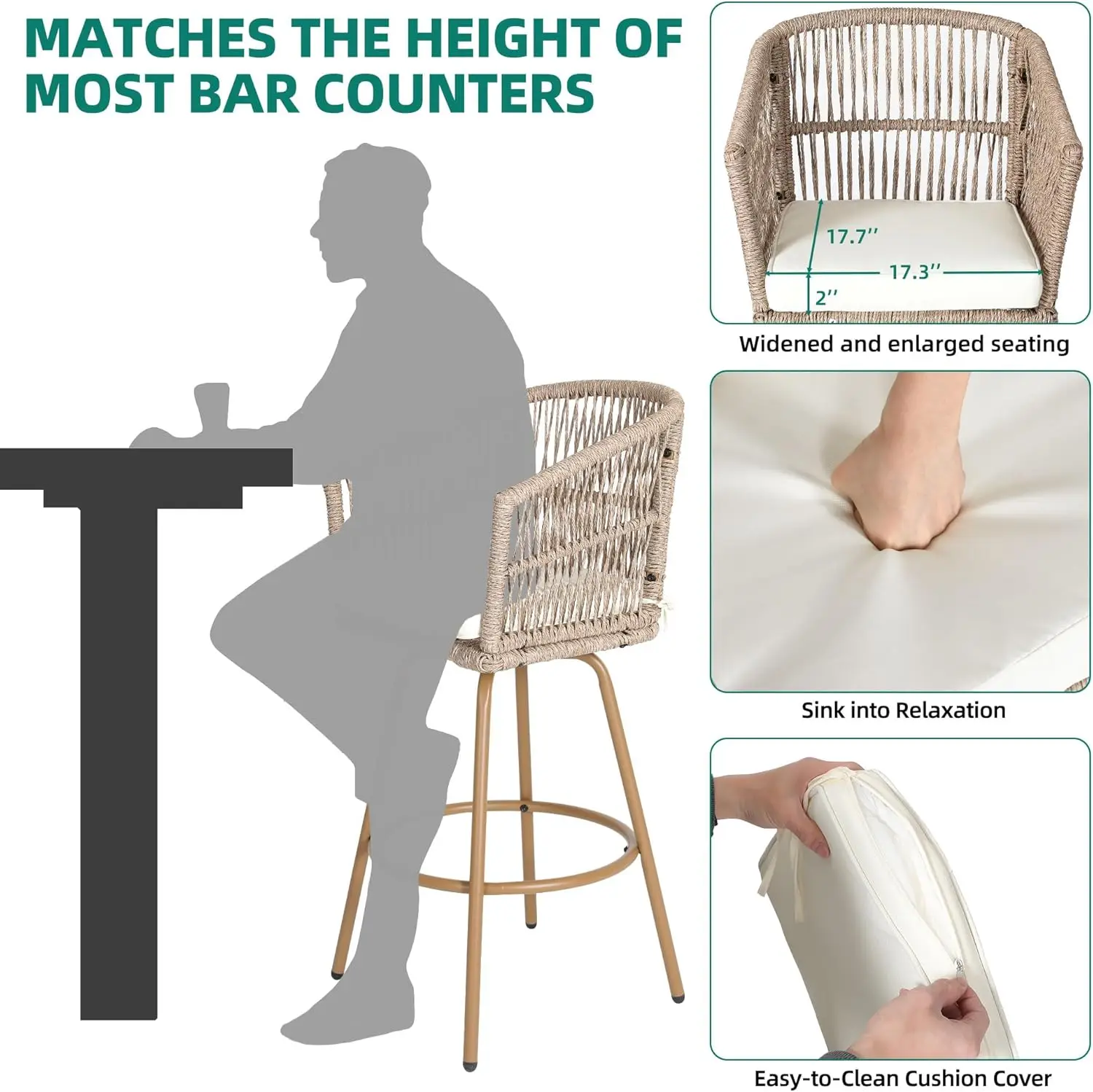 WUNICEF-Chaises de bar en rotin, tabouret de bar avec coussins souples, dossier et repose-pieds, pour l'extérieur