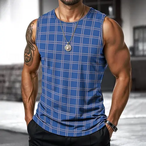Retro Men's Vest Top 3D Print Plaid Striped Graphic Sleeveless Shirt Crew Neck Loose Streetwear Summer Fashion Casual Tank Tops - Image 5