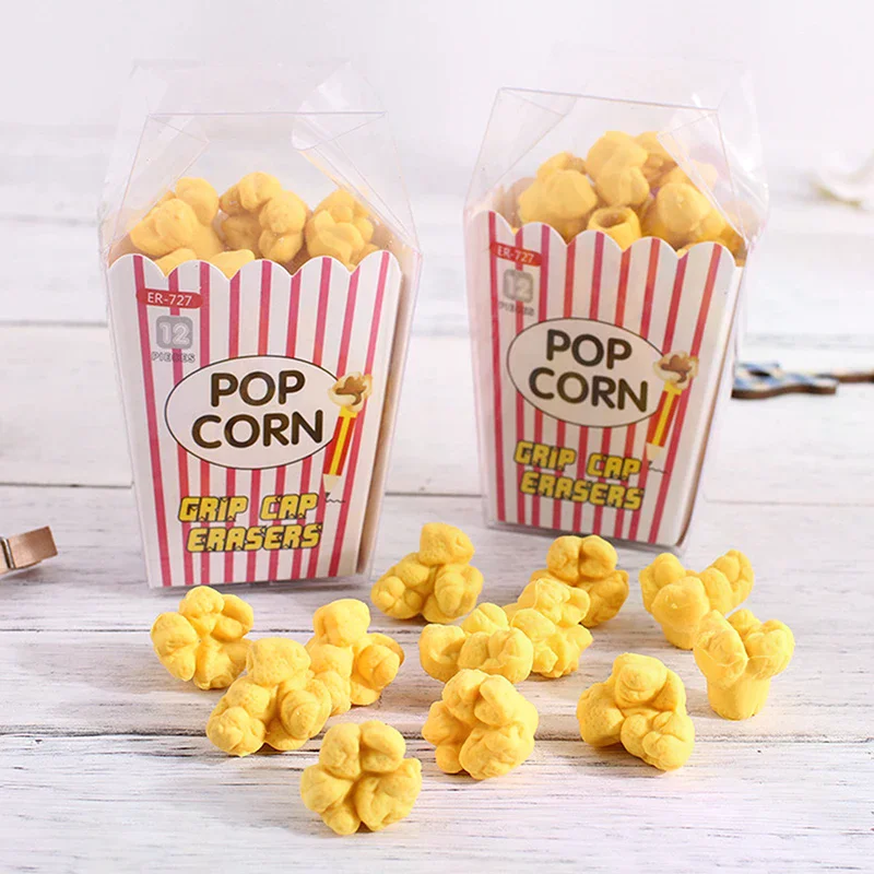 12pcs/box Cute Popcorn Shape Erasers Cute Stationery Pencil Rubbers Eraser Wipe Clean Without Leaving Marks Stationery
