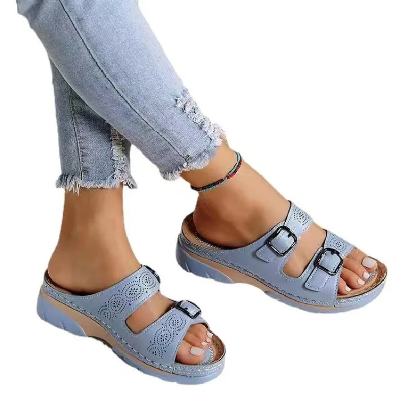 Women's Leather Wedge Slide Sandals, Adjustable Double Buckle, Non-Slip Sole, Arch Support Comfortable Open Toe Slippers