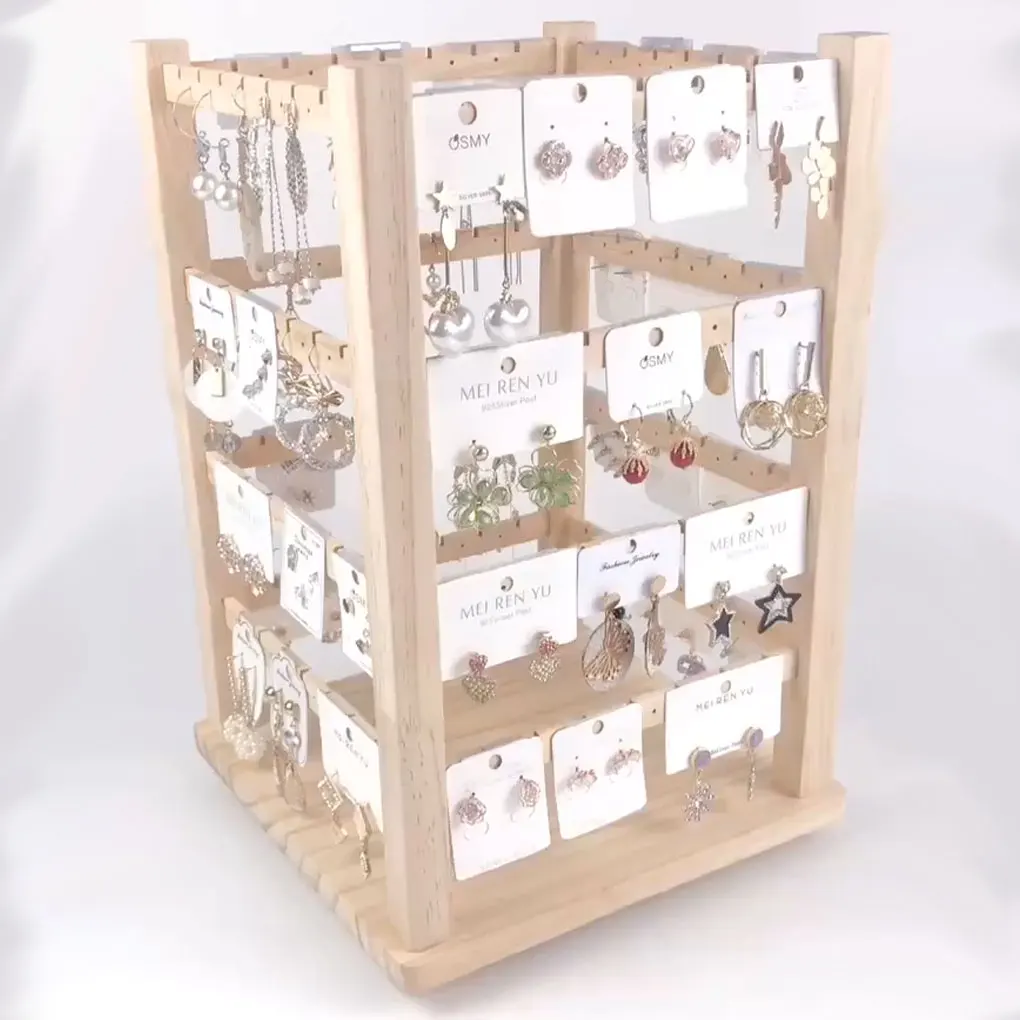 Rotating Wood Earrings Holder Necklace Stand 4 Side Organizer for