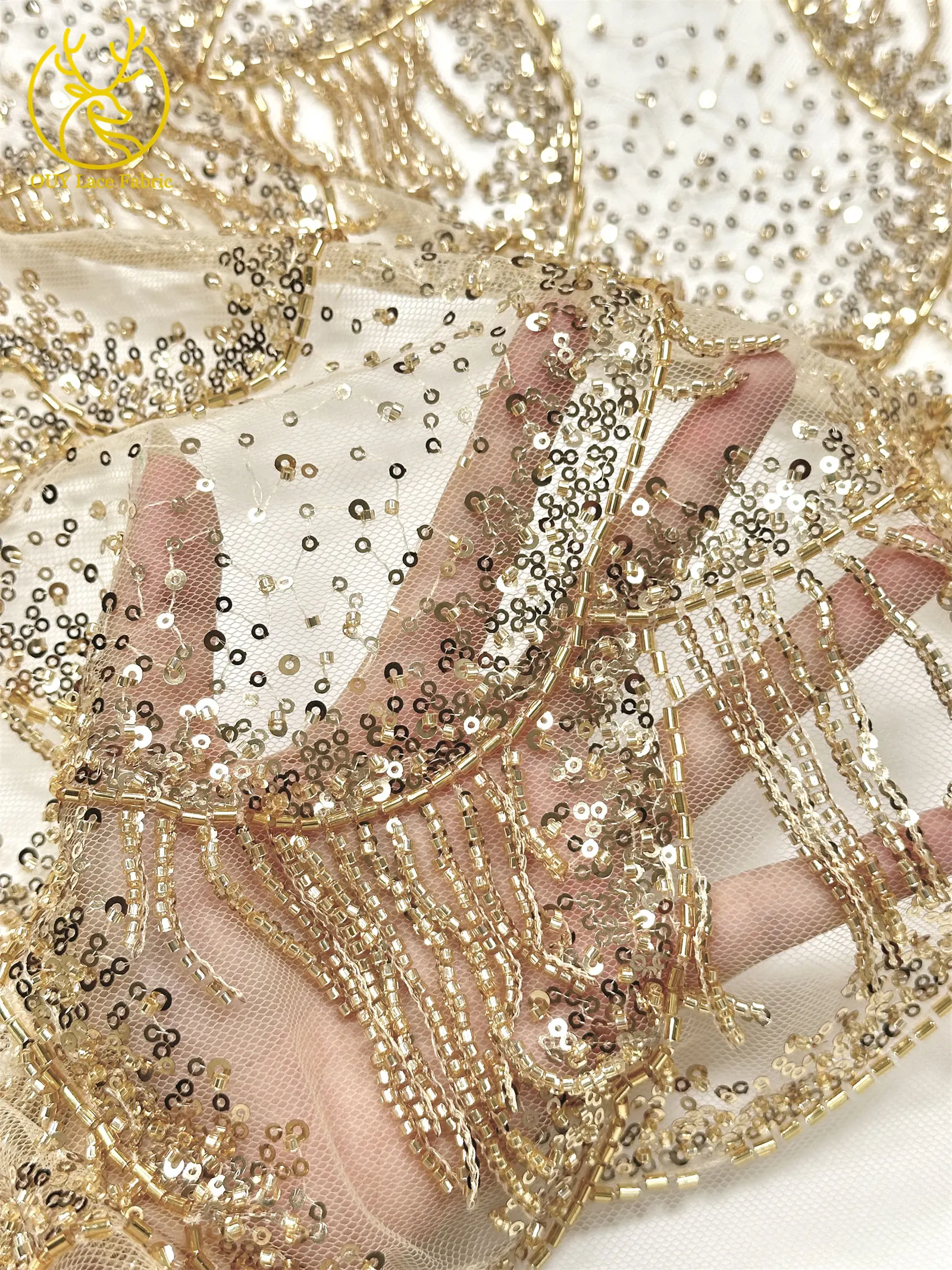 Goldene Luxus 3D Perlen-Spitze Nigerianischer Tüll-Netzstoff 2026 Hochwertige Afrikanische Spitze für Abendkleider und Hochzeitskleider zum Nähen – Detail 7