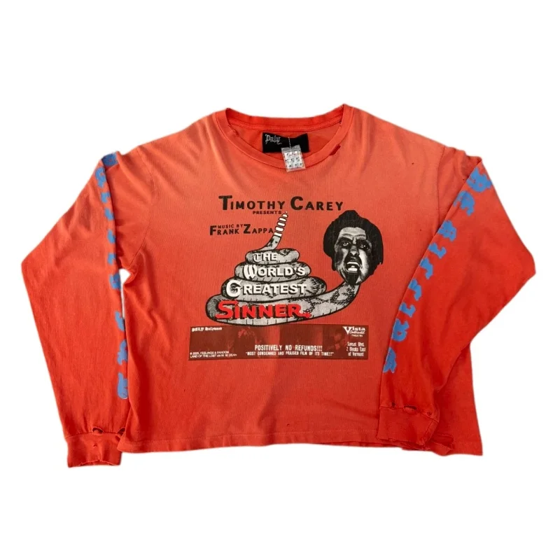 Y2K Men Ripped Red T Shirt Frank Zappa Print Distressed Long Tee