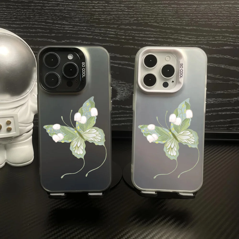 Butterfly Green Phone Case IMD Color Silver Shell For IPhone 16 15 14 13 12 Pro Max Plus