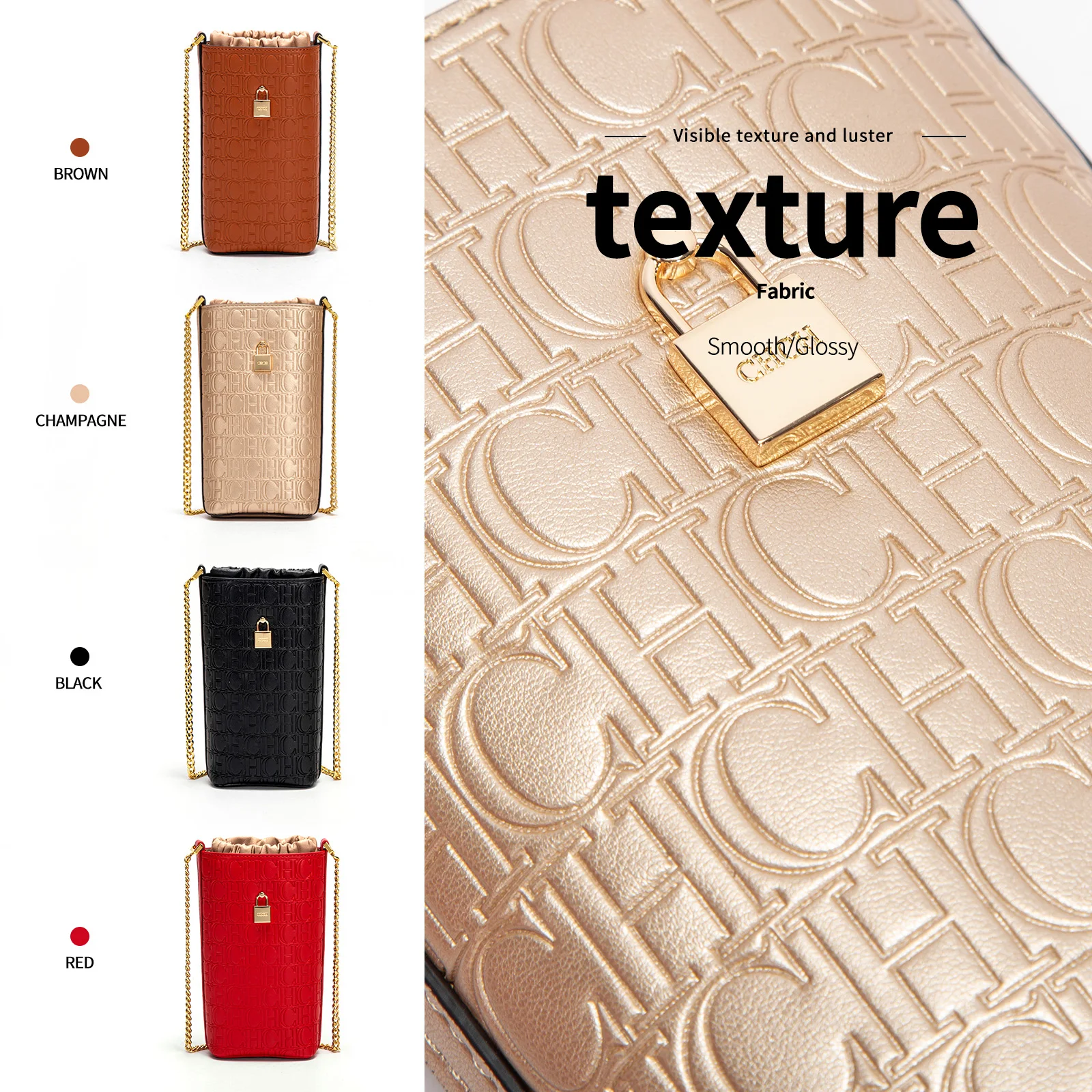 レザー ショルダー バッグエンボス モチーフヴィンテージ風のデザイン、ゴールド調のロック、テクスチャード チェーン、シックな機能的なディテール