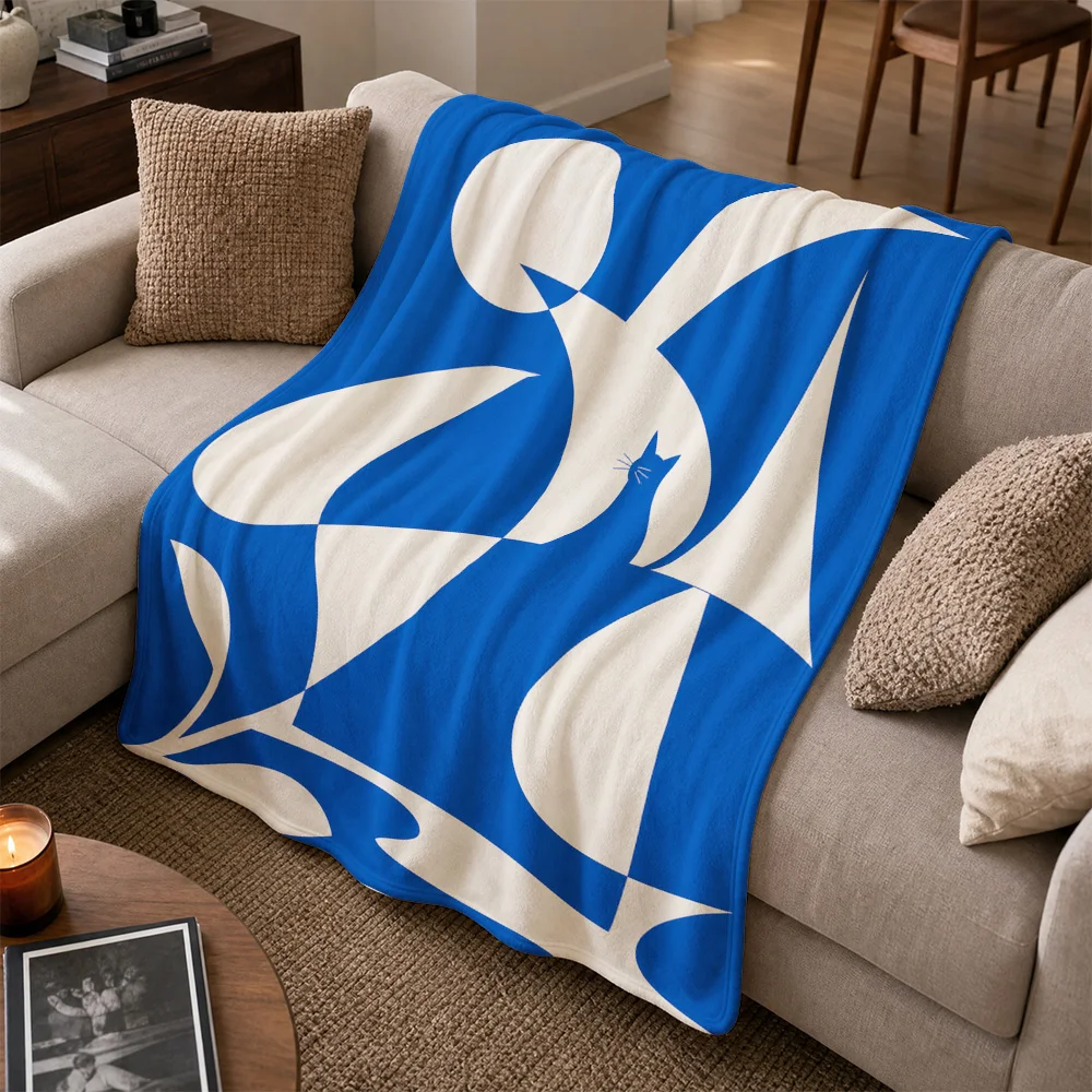 Super Soft Geometric Abstract Blue and White Throw Blanket for Sofa Couch Living Room Modern Luxury Home Decor Gift