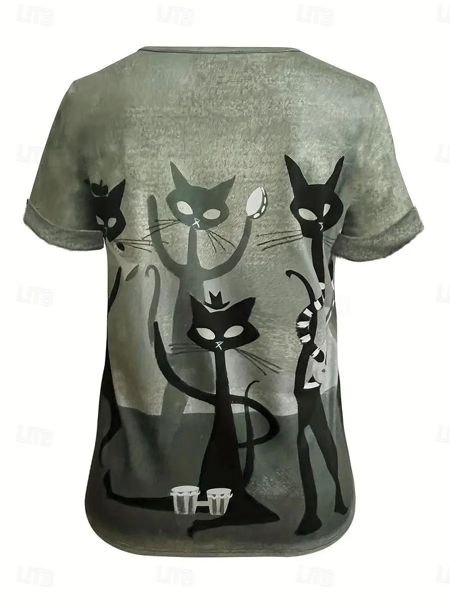 Minimalist Cat Pattern V Neck T Shirt For Women Fashion Casual Daily Street Style Vacation Outfit Look Lovely Simple