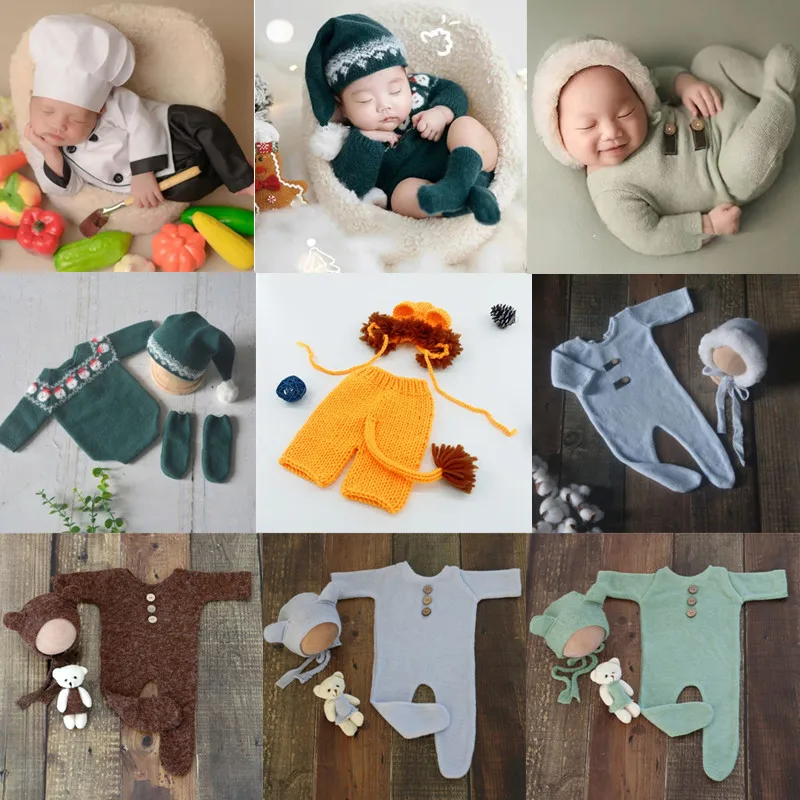 2024 New Newborn Photography Props Clothes Baby Studio Photo Shooting Costumes Accessories Baby Knitted Romper Hat Set