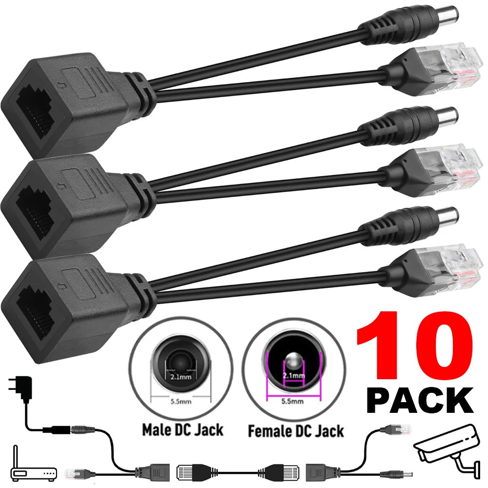 Passive PoE Injector POE Splitter Kit with DC Connector RJ45 Power Over Ethernet DC Power Adaptor Connector for IP Cameras