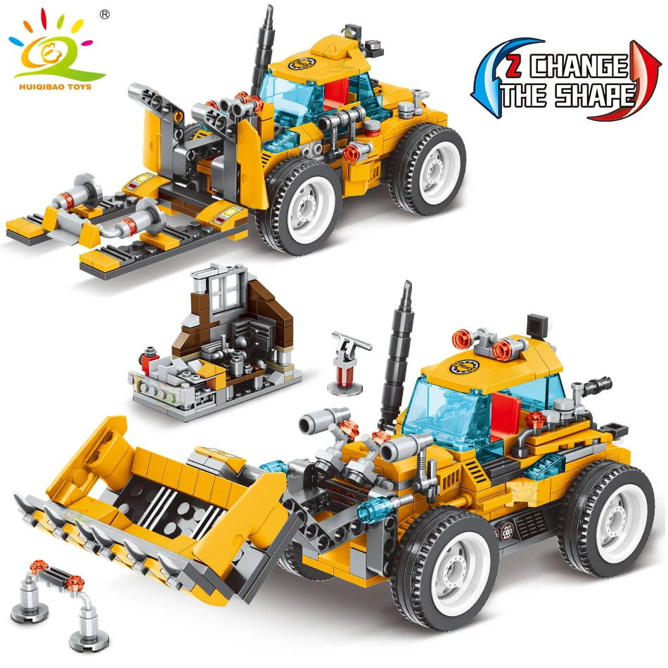 HUIQIBAO TOYS 2in1 Engineering Truck Building Blocks Crane Bulldozer Excavator Car City Construction MOC Bricks For Children Kid