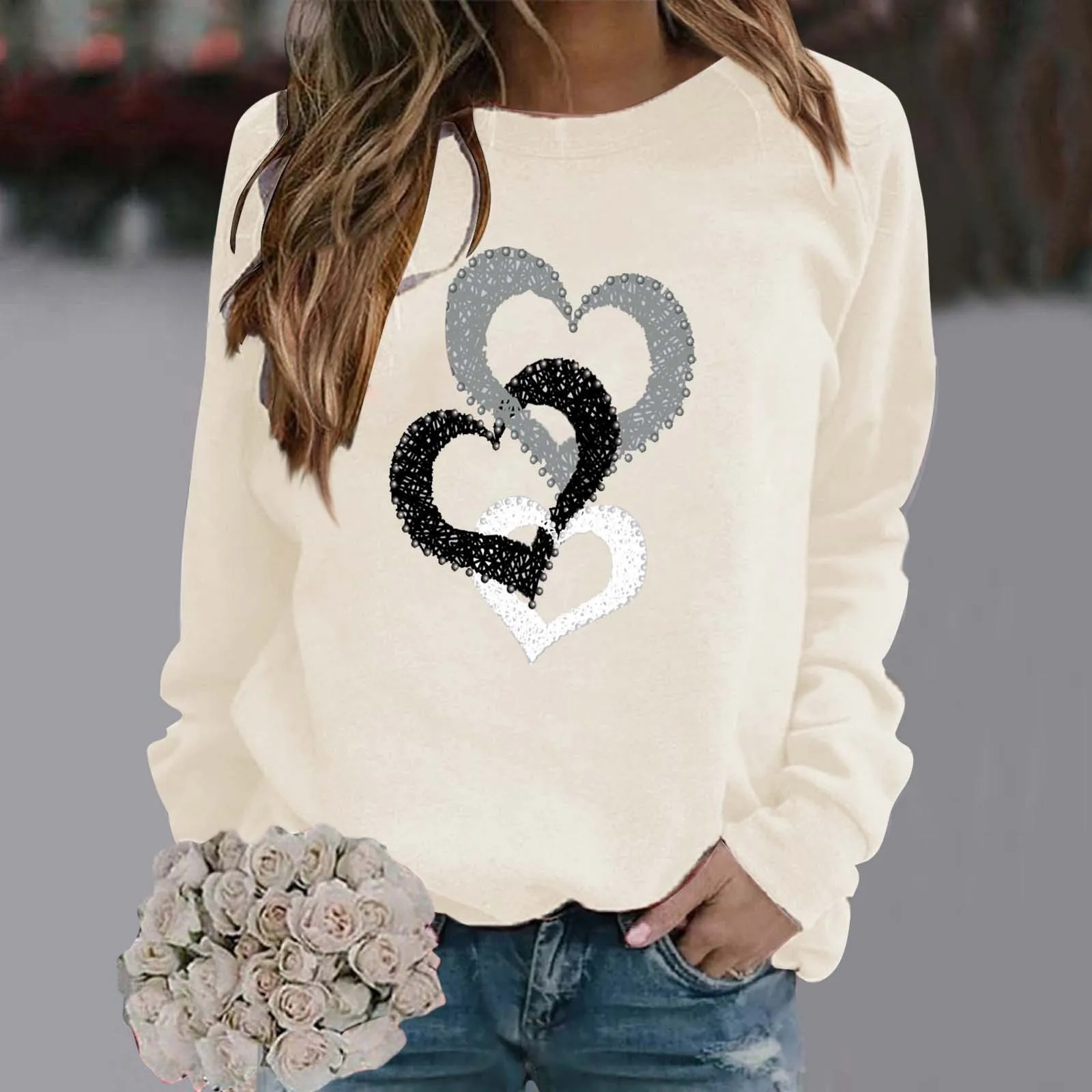 Valentine\'s Day Pullovers Women\'s Round Neck Casual Love Heart Printed Tops Leisure Sweaters Long Sleeve Outdoor Hoodies Clothes