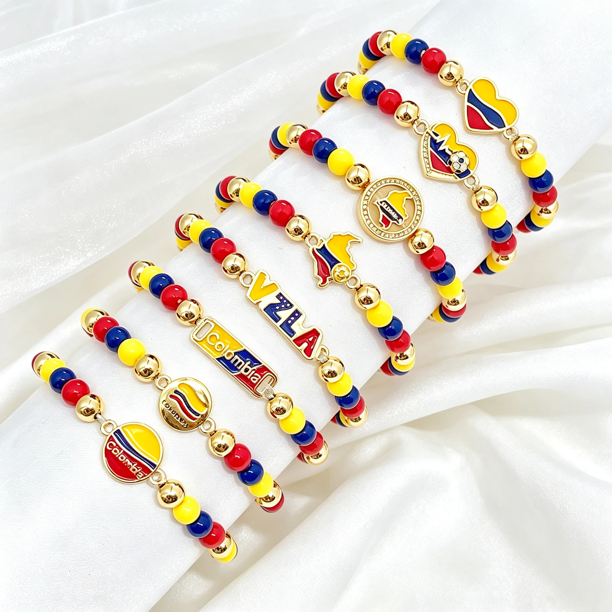 Bracelet extensible perlé 6 mm en émail métallique classique, drapeau du Venezuela et de la Colombie, pour hommes et femmes, bijoux patriotiques, cadeau de la Journée Nationale