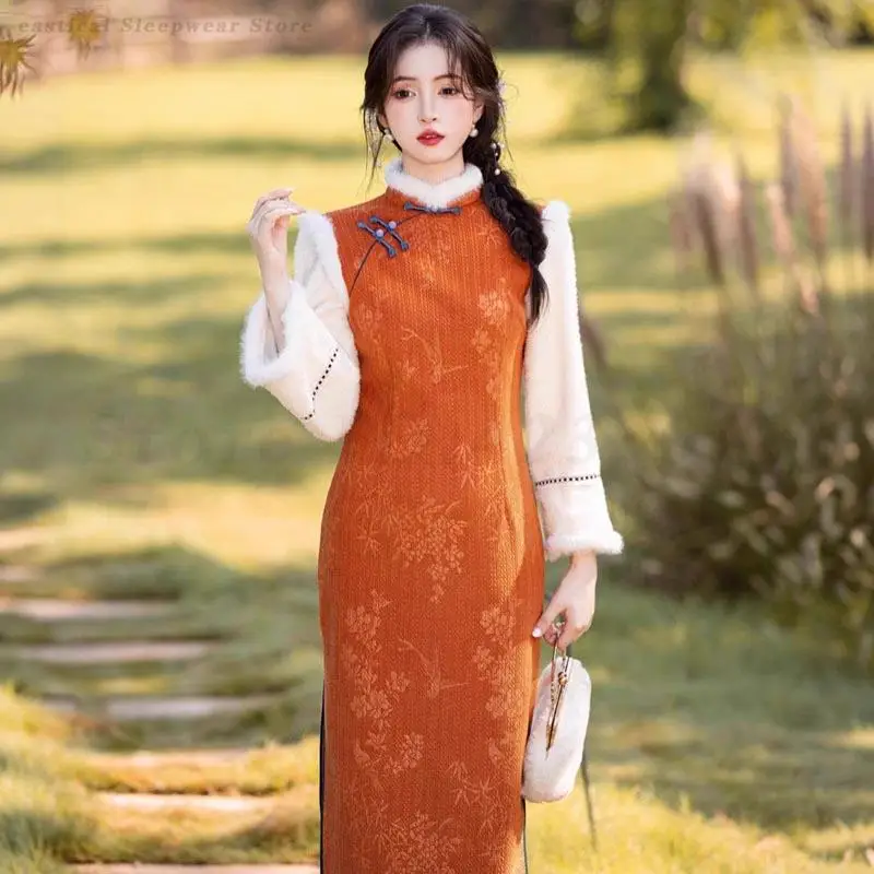 

Plus Size 3XL Long Qipao Traditional Chinese Dress Winter Thicken Jacquard Cheongsam Young Style Mandarin Collar Vestidos Dress