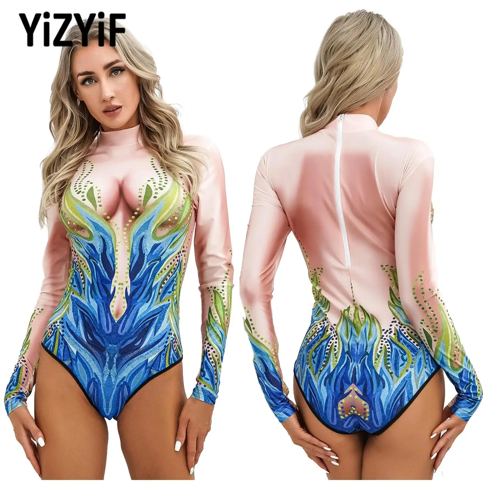 Womens One- Piece Swimsuits Long Sleeves 3D Stylish Print Jumpsuit Fashion Cosplay Pool Party Swimming Bathing Surfing Swimwear