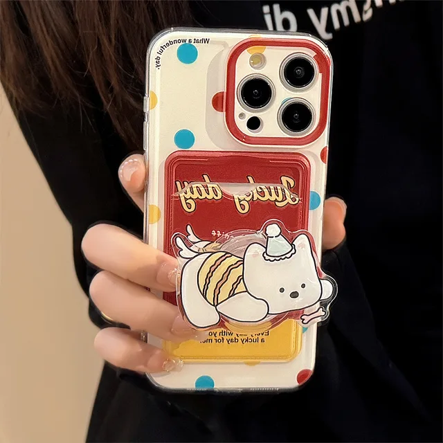 Etui na telefon Polka Card Holder ze stojakiem dla szczeniąt i smyczą do iPhone'a 15 PRO MAX 14 13 12 11 XS X XR SE 8 7 PLUS Pokrowiec na telefon