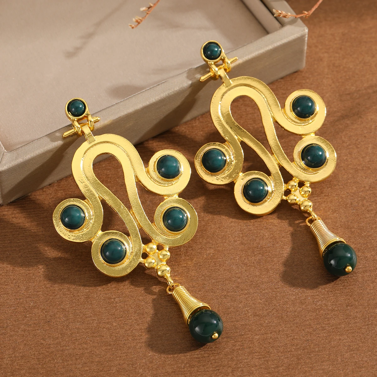 National Style Hollow Scroll-Patterned Inlaid with Multiple Artificial Gemstones Women's Pendant Earrings for the Workplace