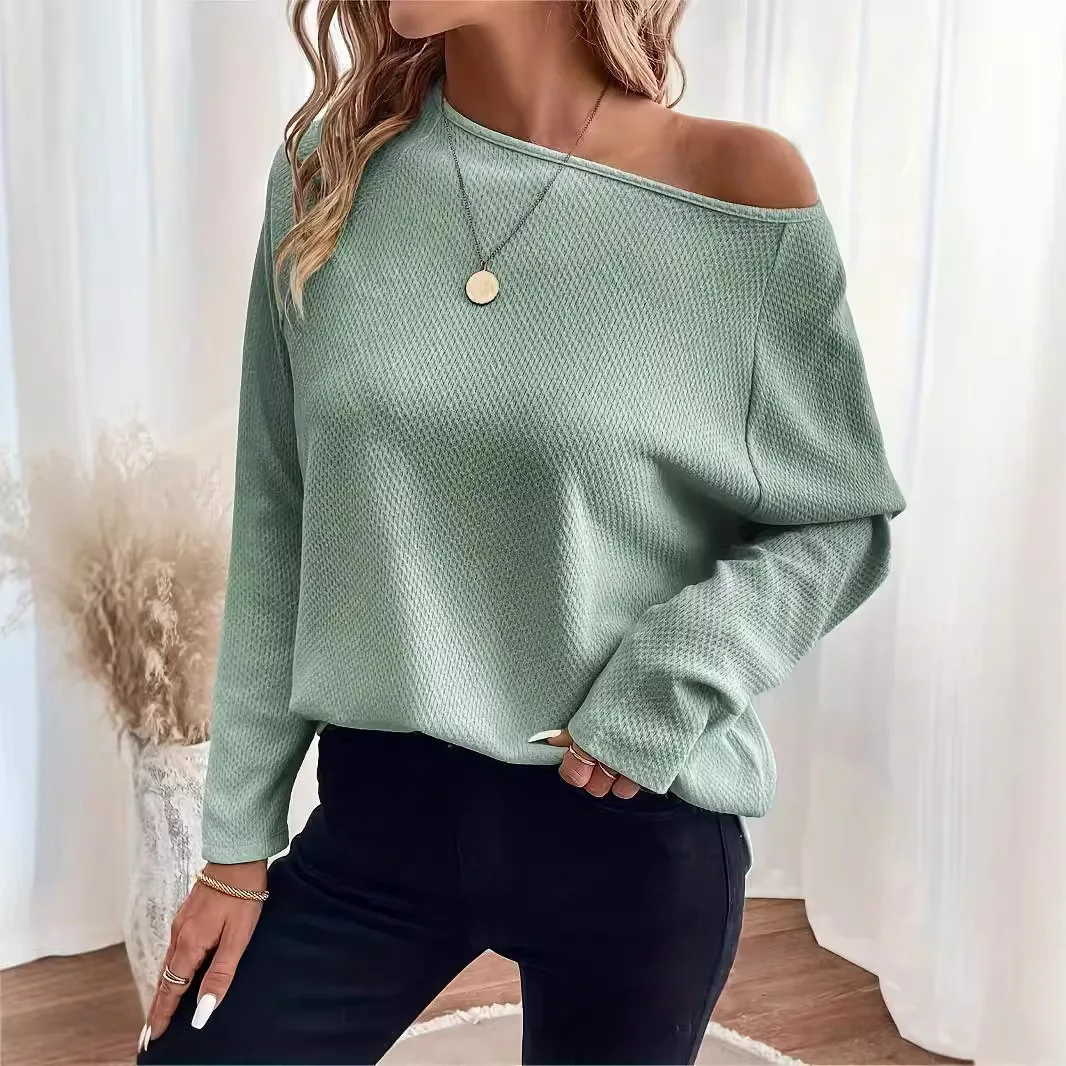 

2025 Autumn New Women's Knitted Top Waffle Shoulder Pullover T-Shirt