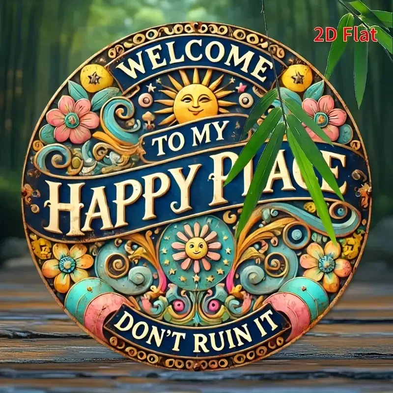 طباعة مسطحة ثنائية الأبعاد، 8 × 8 بوصات، مرحبًا بك في علامة معدنية مستديرة My Happy Place - متينة وسهلة التعليق لتزيين غرف النوم