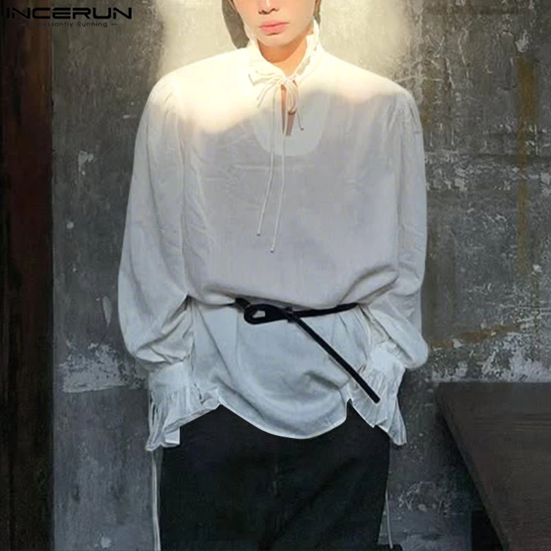 

INCERUN Мужская рубашка, однотонная рубашка унисекс на шнуровке с длинным рукавом, свободные тонкие топы, уличная одежда, модная повседневная мужская одежда 2025 г.