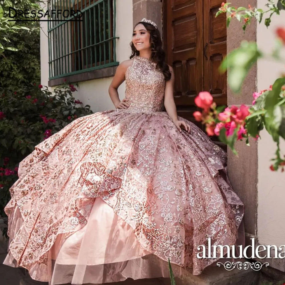 

Rose Gold Quinceanera Dresses Ball Gown 3D Flowers Sweet 15 16 Year Princess Dresse vestidos de 15 años anos