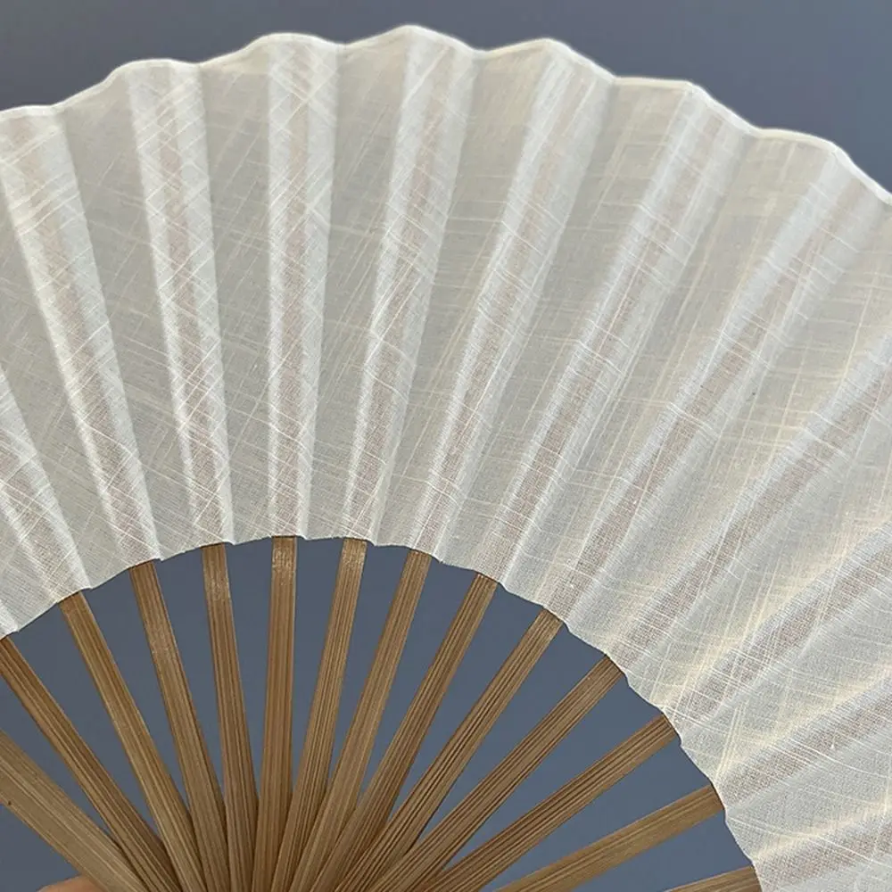 Cotton Linen Cloth Folding Hand Fan Bamboo Frame Solid Color Retro Handheld Fan Decoration with Tassel Mini Shell Fan