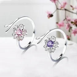 Women's Fashion Cute Sakura Flower Rings Charm Cubic Ziron Stone Prong Setting Simple Style Romantic Open Ring Jewelry Accessory