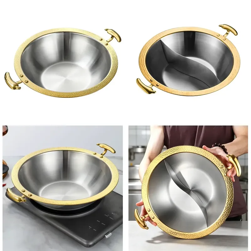 304 Stainless Steel Double Grid Hot Pot Commercial Cooker for Shabu Suitable for Induction Cooker and Gas Stove Dual Purpose