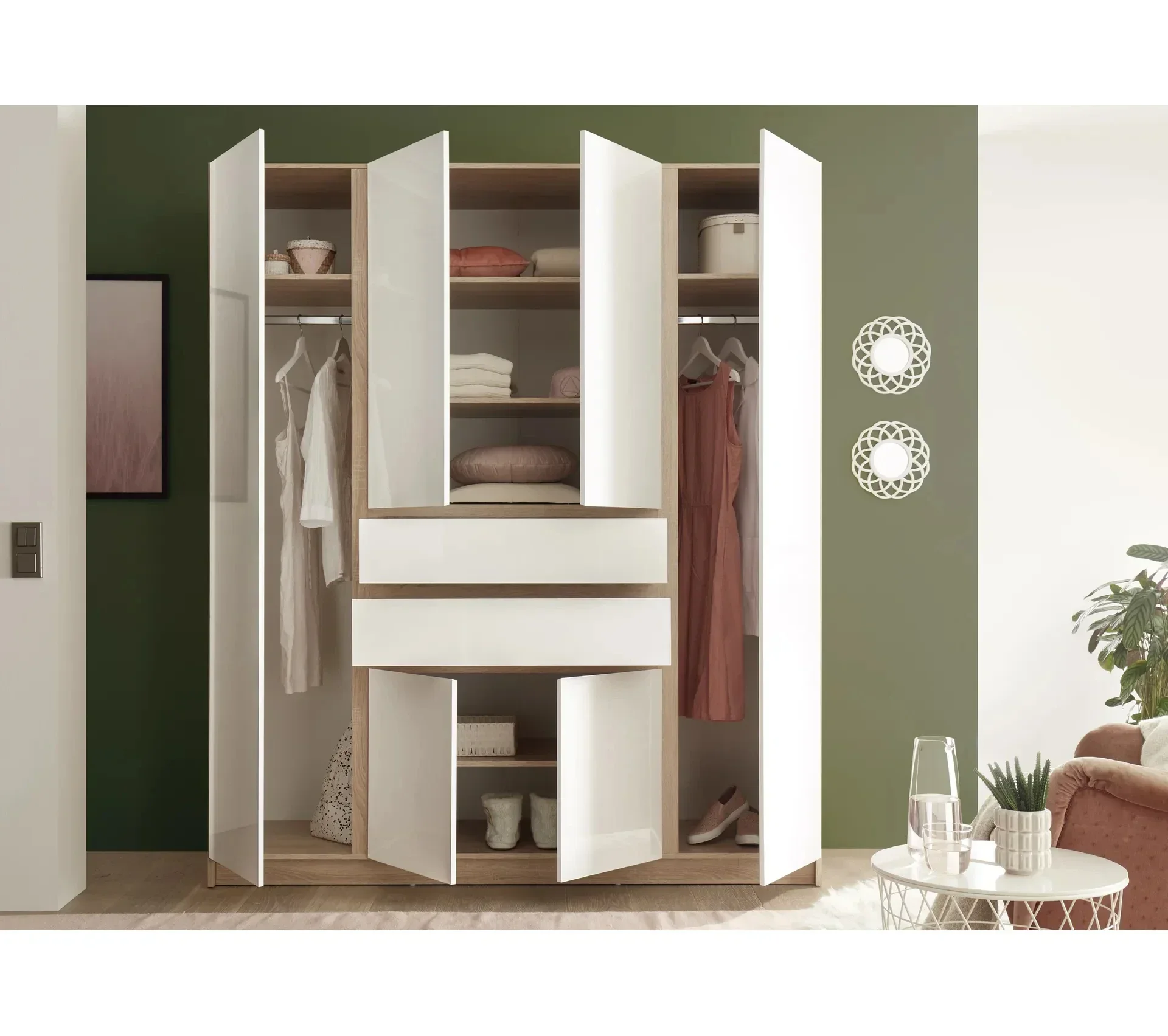 Armário de móveis eficiente e de alta qualidade com 6 portas de carvalho e guarda-roupa branco brilhante com 2 gavetas para quarto