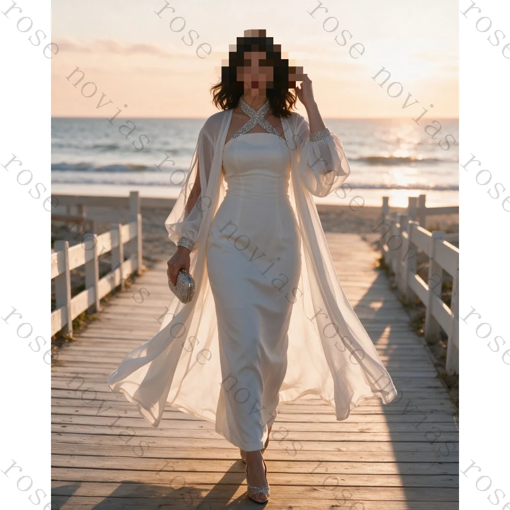 Customized Luxury Rhinestone Halter Long Sleeved Evening Gown 2026 Chiffon Women's Backless Ball Gown Suitable for The Beach