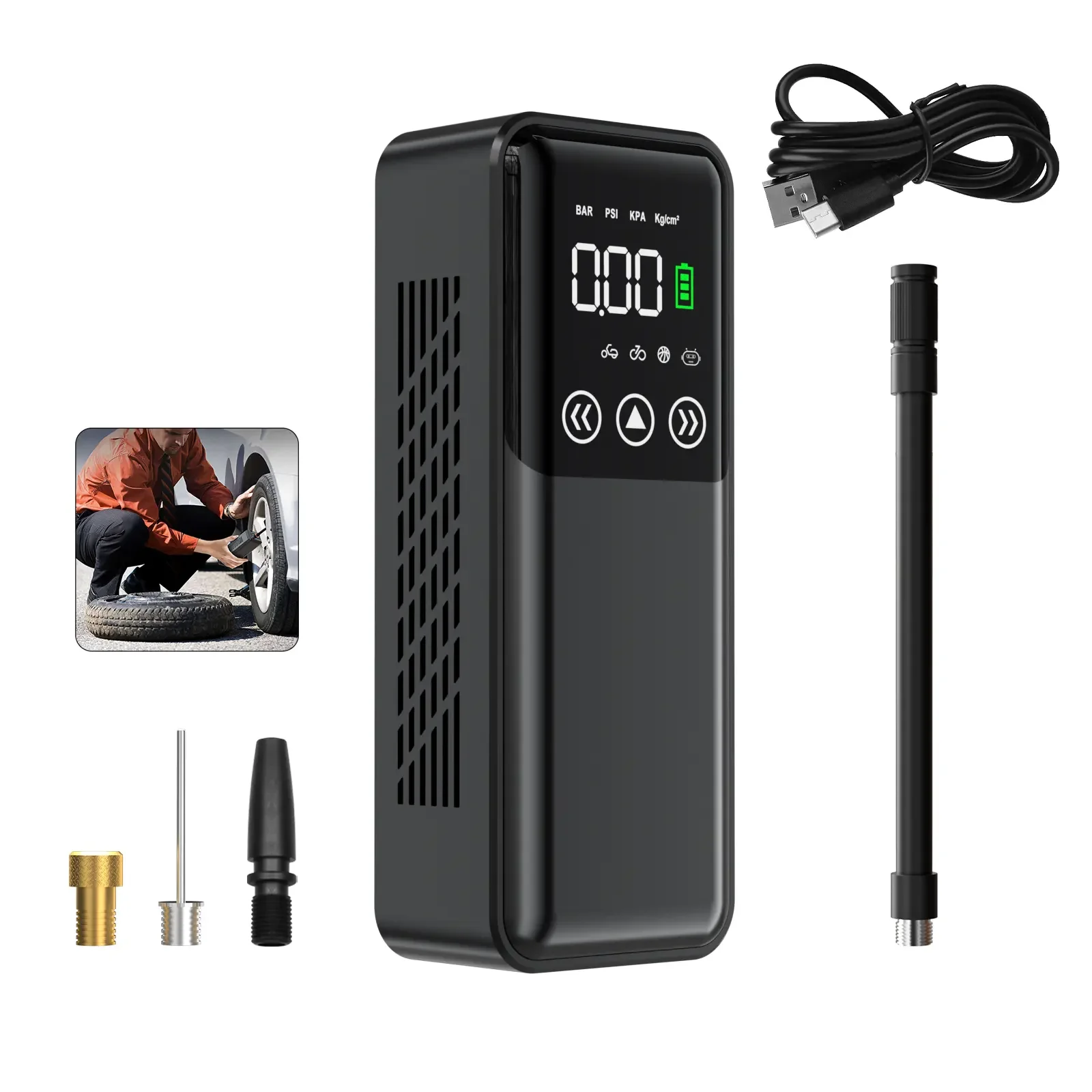 

Intelligent 2-in-1 cordless air pump touch screen outdoor emergency pump car bicycle and ball inflator with flashlight