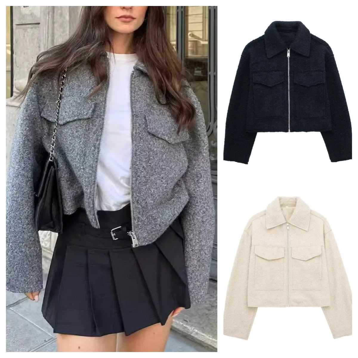

Women Fashion With Pockets Grey Front Zipper Jackets Vintage Lapel Neck Long Sleeves Female Chic Lady Outfits