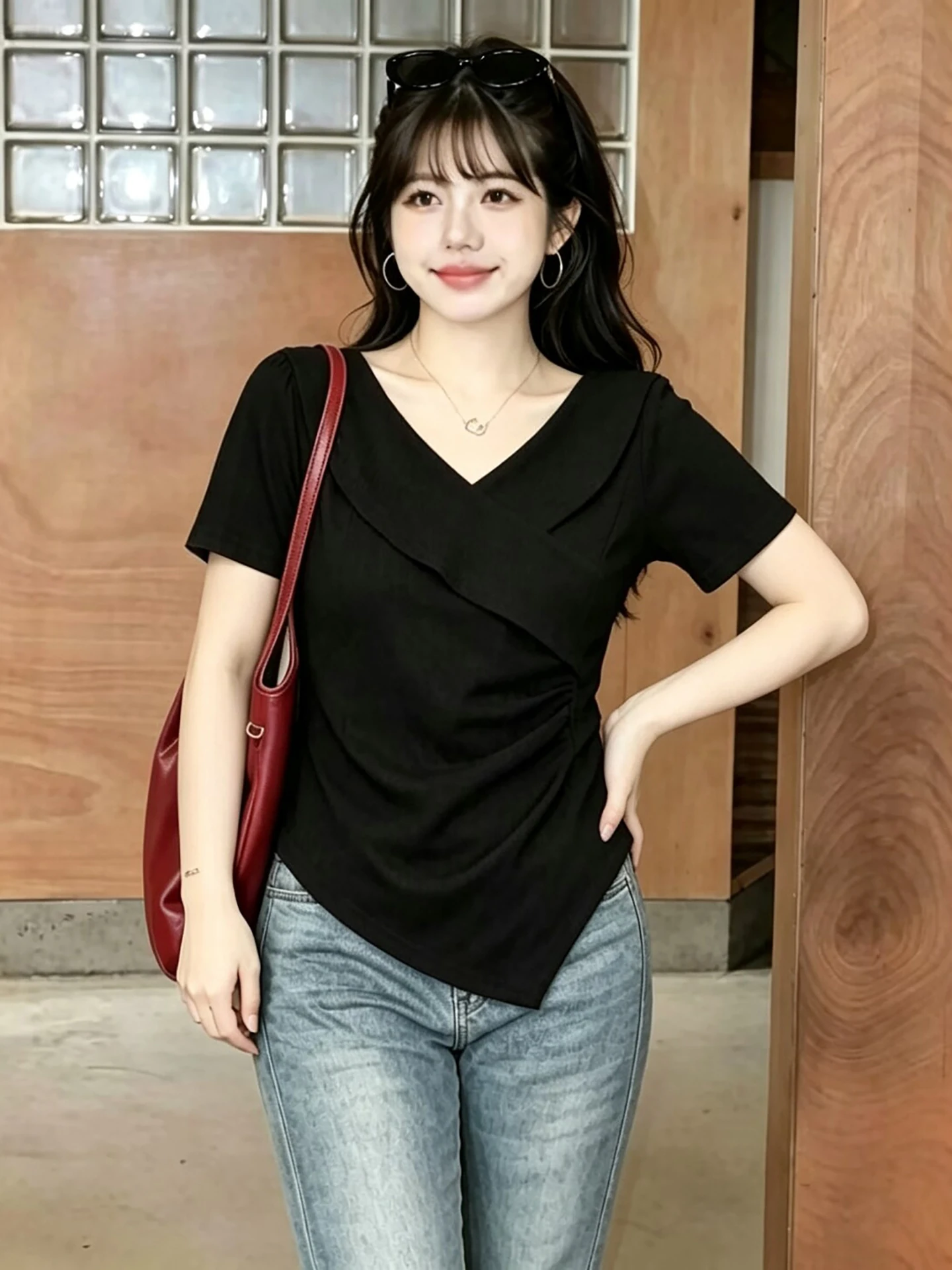 plus Size Casual Style V-Neck Cross Asymmetrical Short Sleeve T-Shirt Slimming High Waist Design Breathable Summer Top for Women