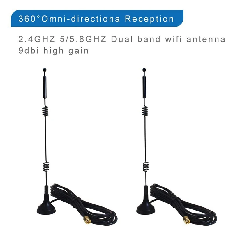 Antena Wifi de doble banda de largo alcance, conector de RP-SMA con Base magnética, 9Dbi, 2,4 GHZ, 5GHZ, 5,8 GHZ, paquete de 4