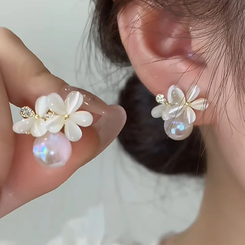 New Elegant Opal Flower Pearl Stud Earrings For Women Fashion Shiny Zircon Crystal Earring Wedding Party Jewelry Gift