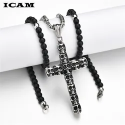 ICAM 4MM Black stone Stainless steel Beads with black stone cross Pendant Mens Rosary Necklace Mens Mala jewelry