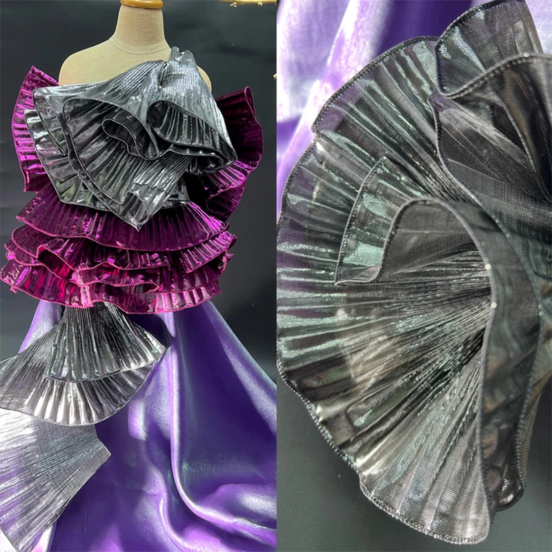 Metal Wave Solid Pleated Ruffle Fabric 15cm Wide Metallic Lustrous Big Wave Designed Pleat Fabrics DIY Dress 1m(Stretched Size)