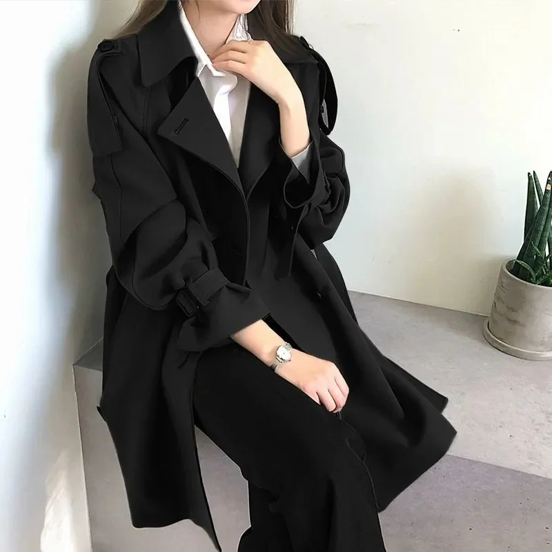 Feminino estilo britânico blusão streetwear duplo breasted trench coats elegante outono inverno cáqui ou preto jaquetas