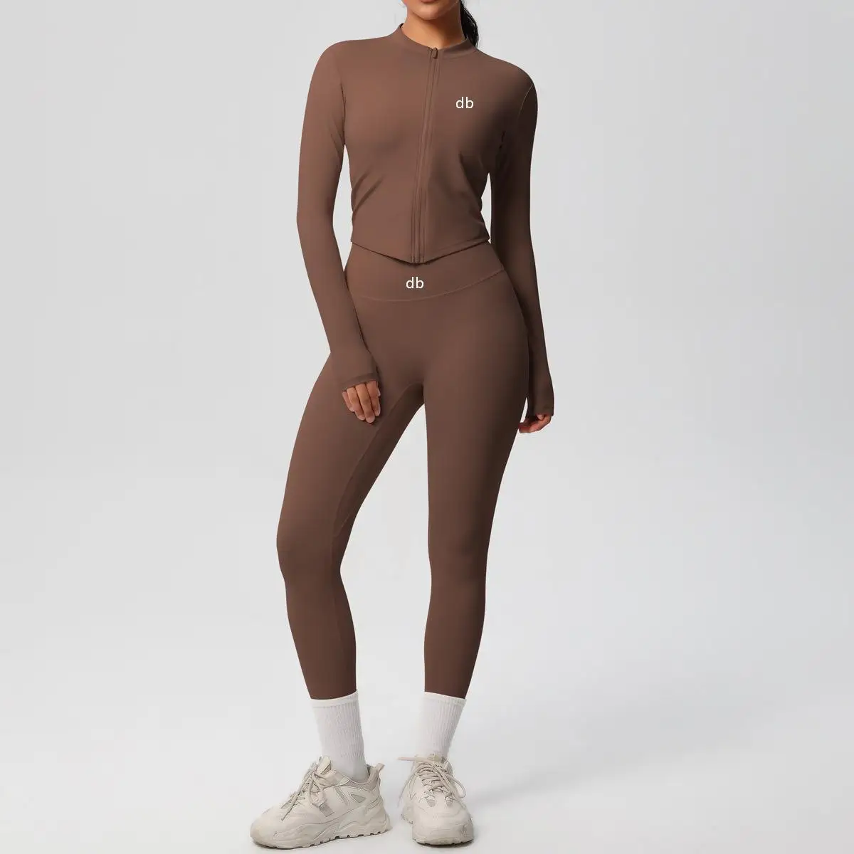 Solid Color Double-Sided Ribbed Yoga Set - Women's Long-Sleeved Set - Tight-Fitting Sports， Running， Fitness， Yoga Set